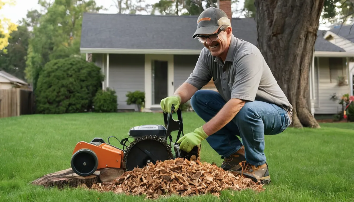 Provider grinding an old tree stump in a backyard in Covington