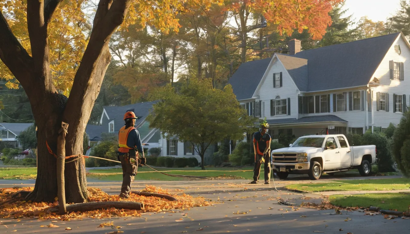 Tree removal provider cutting a large backyard tree in sections near a colonial home in Covington